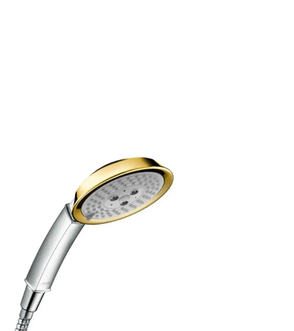 Hansgrohe Handbrause in Chrom- und Goldoptik mit rundem Duschkopf und drei Strahlarten, schwenkbare Wandhalterung.
